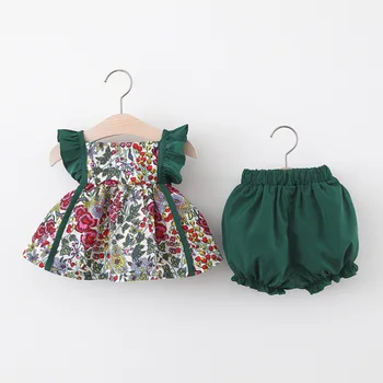 Summer new fashion baby girls clothing sets comfortable cotton kids clothing sleeveless floral print baby bodysuit set