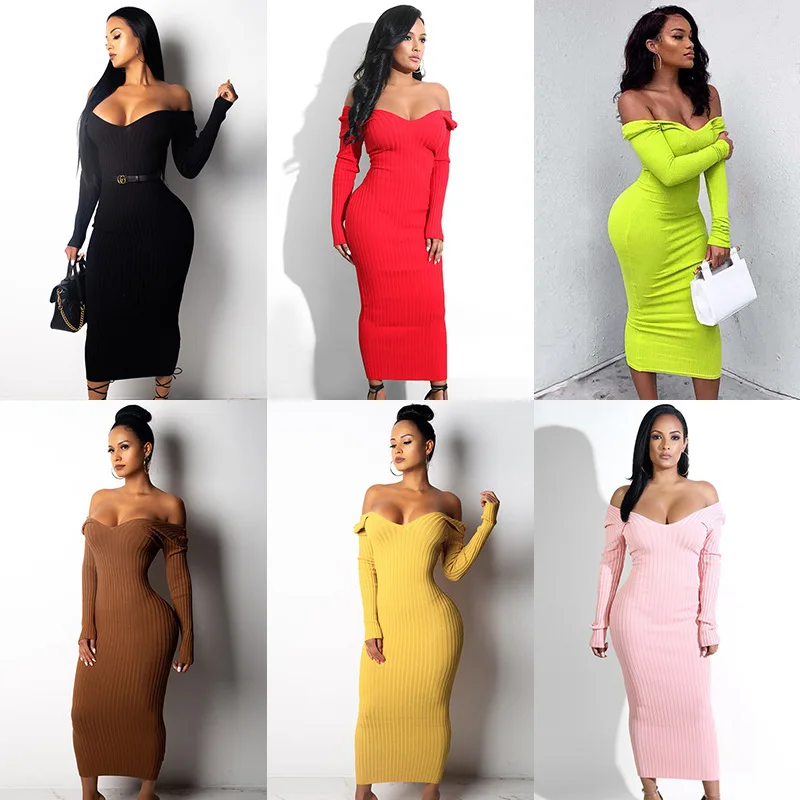 2021 Best Ruched Spaghetti Strapped Design Off Shoulder Women Club Wear Long Sleeve V Neck Bodycon Sexy Sweater Spring Dresses