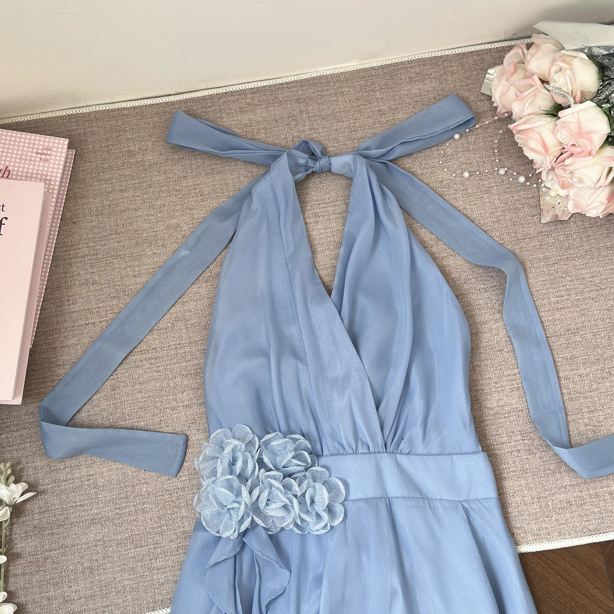 Vestito Donna Estate - Abito Spiaggia Senza Maniche Corto Con Collo Sospeso - Foto 4