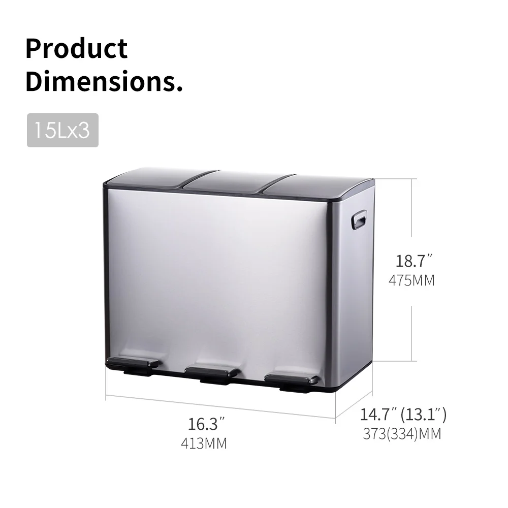 High Quality 45L 3*15L/3*3.9Gallon Triple Compartment Trash Can Stainless Steel Matte Recycle Pedal Bin With Foldable Pedals