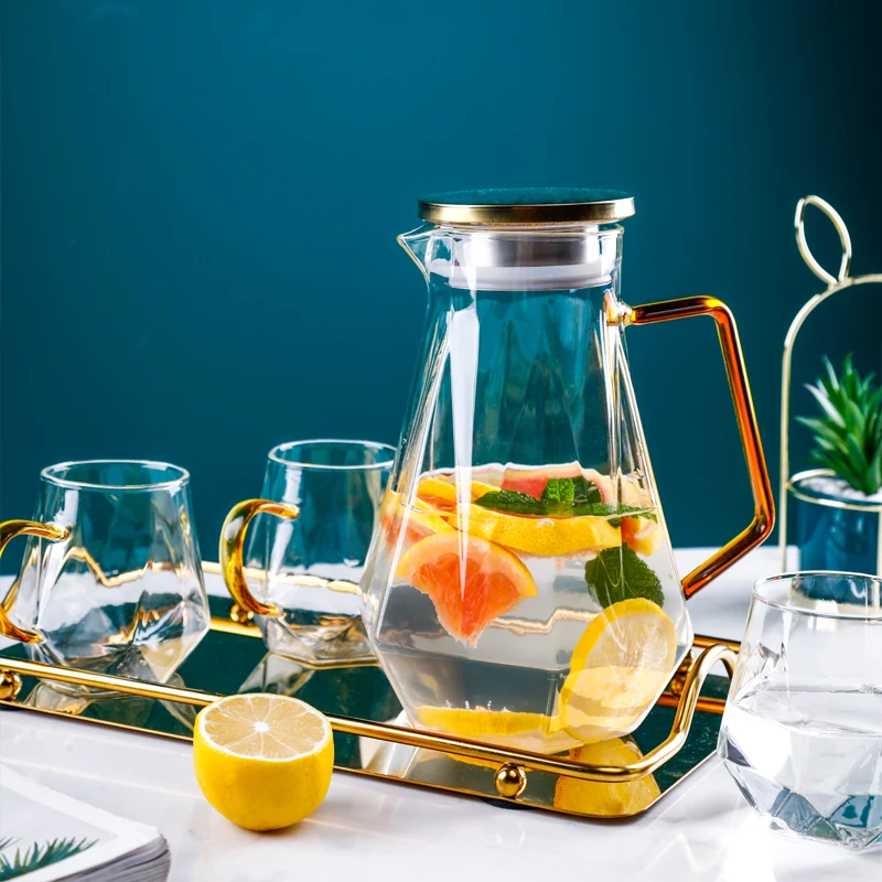 1.8L Cool Glass Pitcher Water kettle glass jug Carafe Lid Clear mug Tea Juice Coffee glass water jug with handle