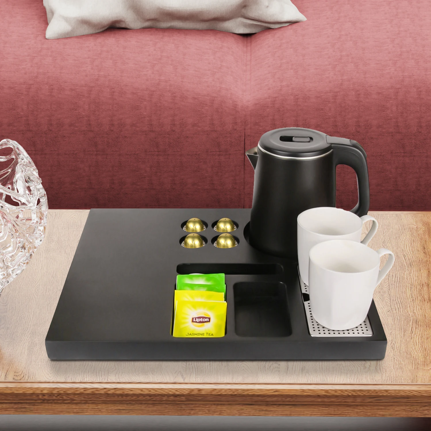 Hotel Electric Kettle Service Tray Set for Guest Room Kettle With Tray K Cup Coffee Pod Storage Tray