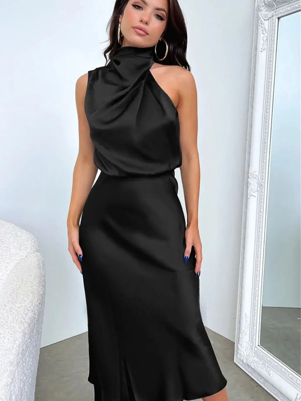 women's elegant cocktail dress Satin A Line Midi Dress With Turndown Collar