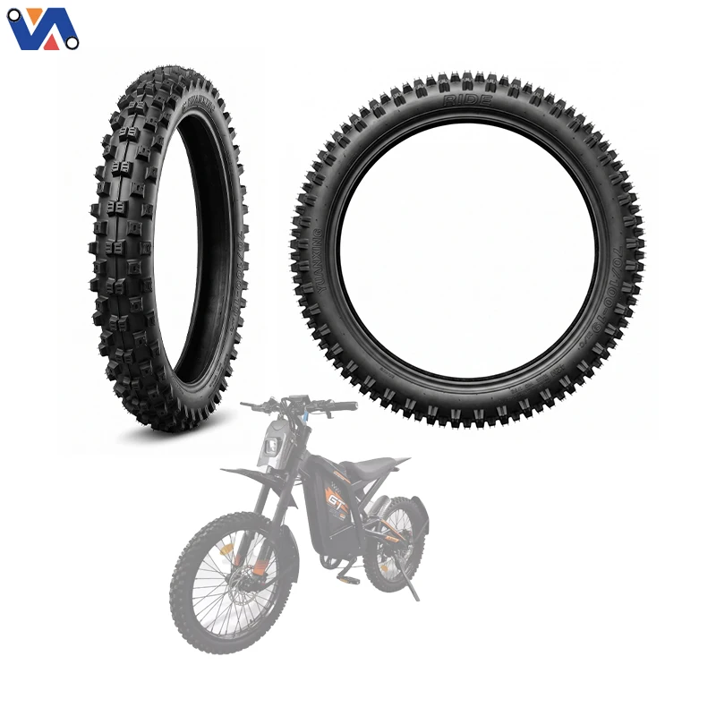 70/100-19 dirt bike tire side and front profile on a white background showing the block tread