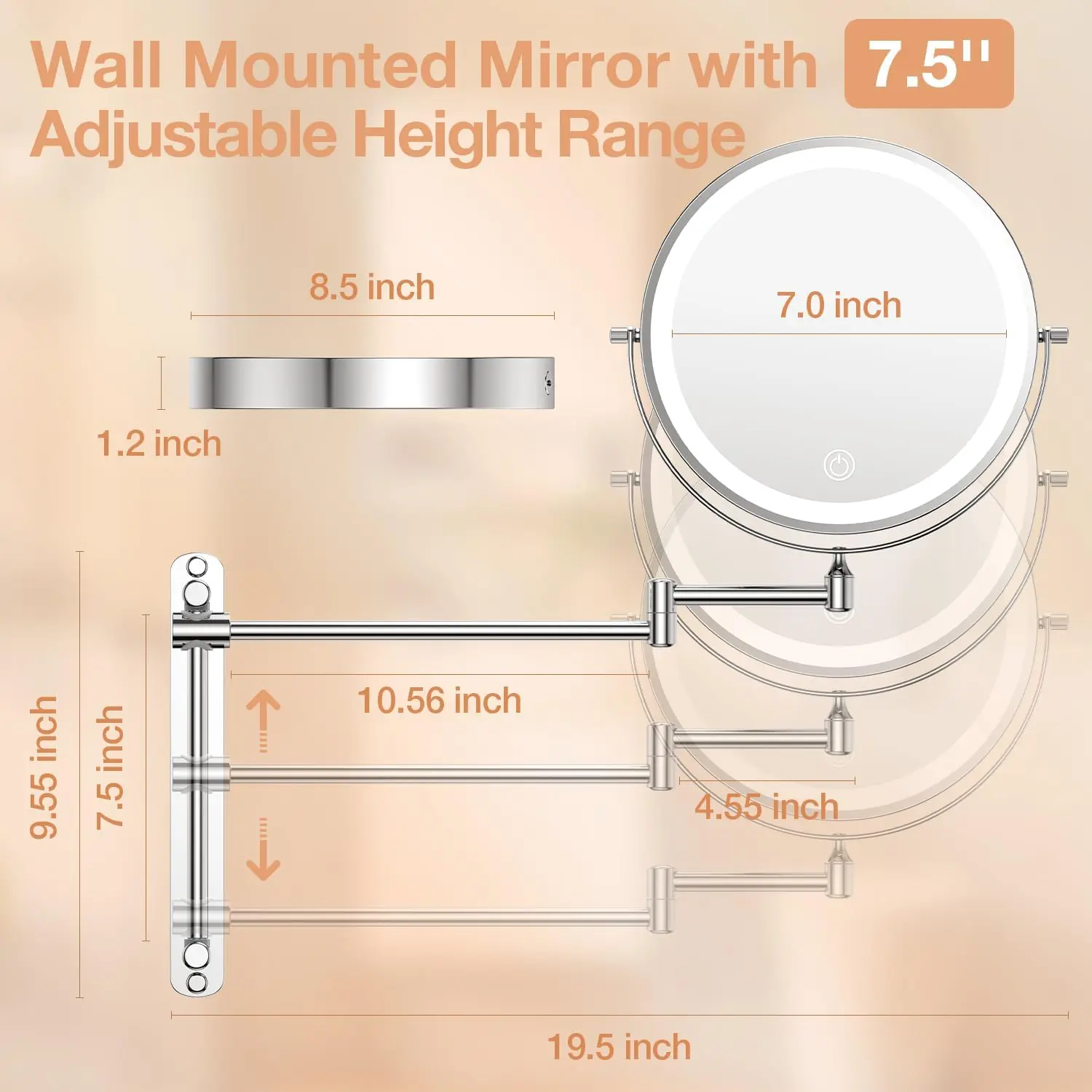 Hotel Project Design Height Adjustable Battery Powered Wall Mount Magnifying X10 LED Vanity Mirror