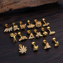 20G Stainless Steel Ab Crystal Cartilage Piercing Gold Ear Conch Helix Snug Screw Back Earring Stud Body Jewelry for Weddings
