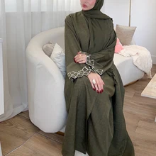 2025 Wholesale Dubai Turkey Solid Color Two Pieces Linen Open Abaya Set Flower Sleeves Cardigan Modest Abaya Women Muslim Dress