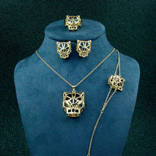 Fashion Jewelry Sets Made in China Wholesale Zirconia Green Eye Leopard Head Fashion Jewelry Jewelry Sets