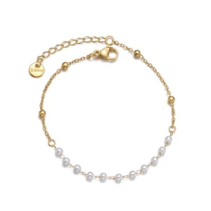 High Quality Fashion Women Charm Chain Link Bracelets Titanium Steel 14K Gold Plated Pearls Bracelet