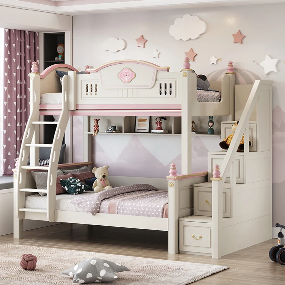 Modern Cute Kids Storage Bunk Bed Solid Wooden Bedroom Furniture Set Double  Bunk Beds with Stairs for Children