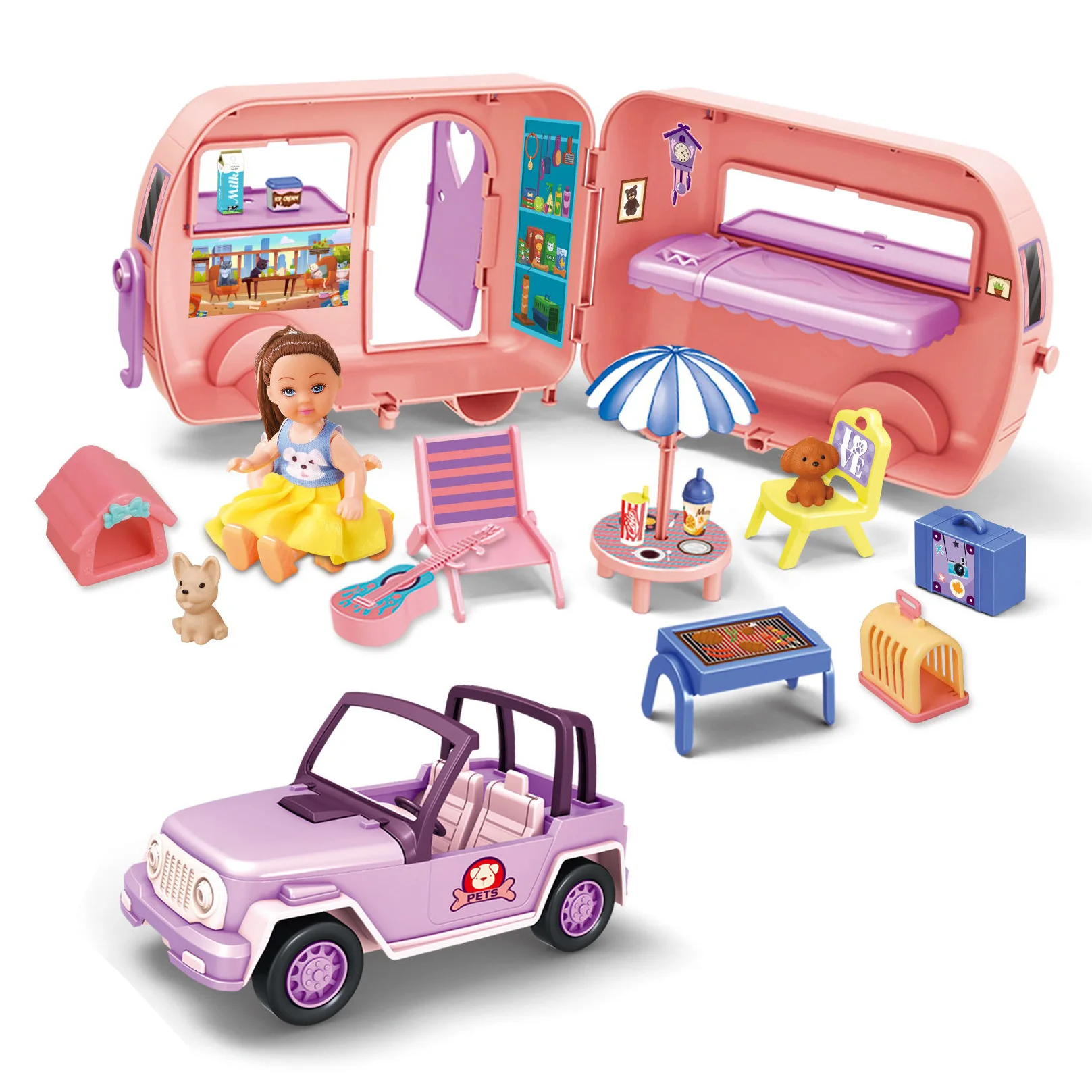 Children Preschool Toys Pretend Play Touring Car With Sounds Doll Simulation Bus Camping Set for Kids