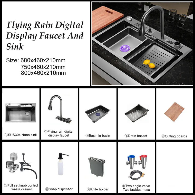 Modern Smart Digital Display Multifunction Gun Gray Square Counter Stainless Steel Kitchen Sink