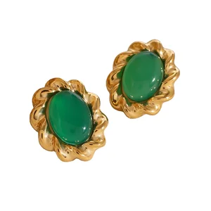 Vintage Black Red Green Agate Spiral Outline Earrings 18k Gold Waterproof Stainless Steel Gemstone Earrings