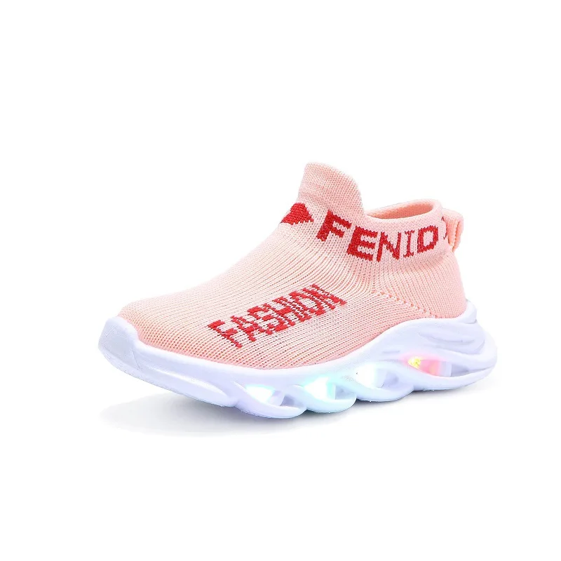 Модная дышащая детская обувь унисекс с буквенным принтом; Сетчатые светодиодные светящиеся носки; Спортивные кроссовки для бега; Детская Повседневная Удобная Обувь для улицы