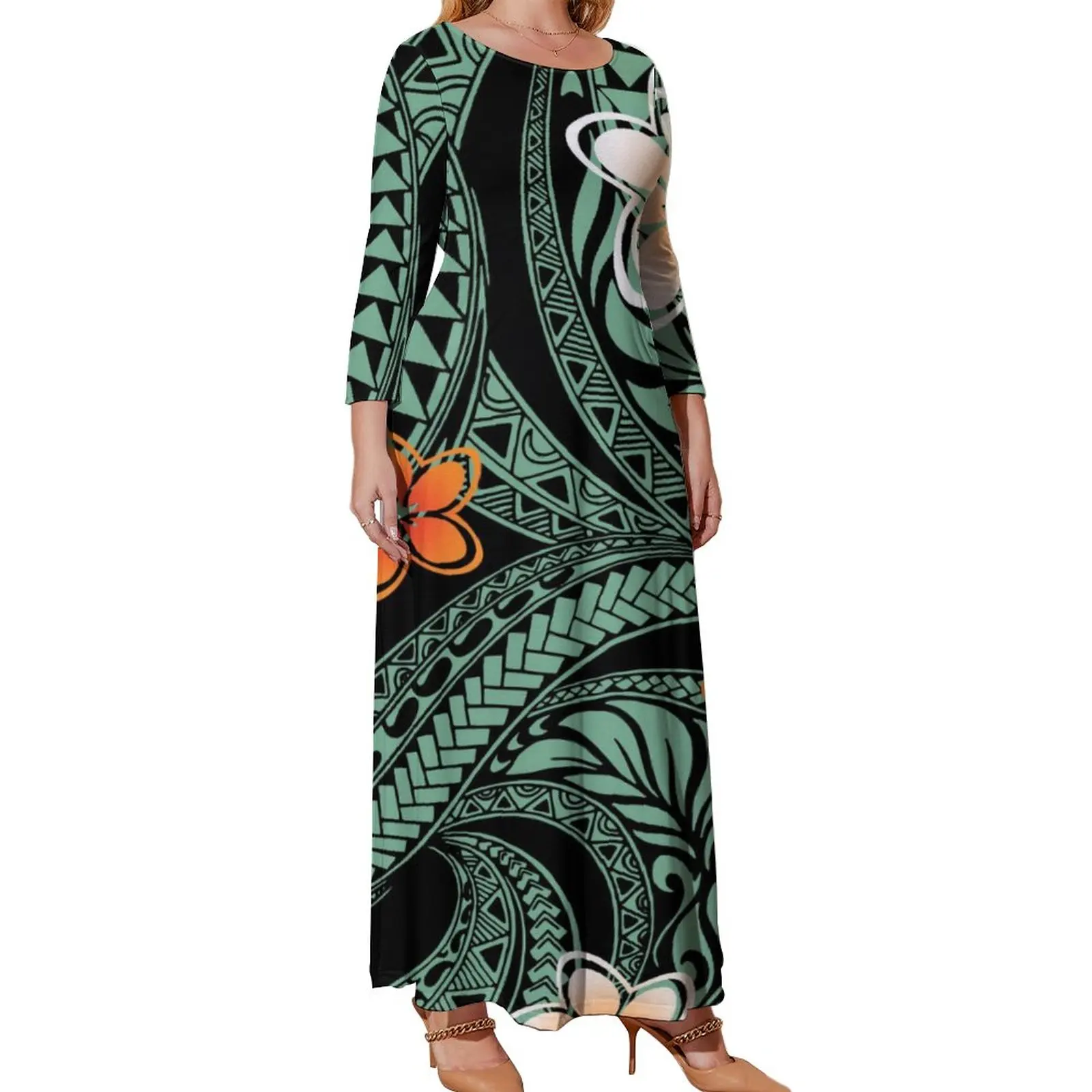 Red Tapa Tradition Print Fall Long Sleeve Crewneck Fashion Dress For