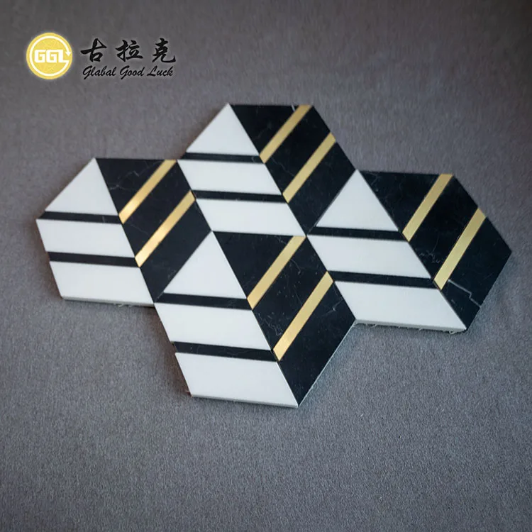 Marble Mix Brass Mosaic Tile for Villa Hotel Project Wall Decoration Black White Hexagon Tile With Metal details