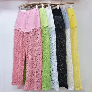 2026 New Fashion Women Pink Lace Stitching Heavy Hot Drilling Vintage Wide Leg Pants Women's High Waist Straight Casual Pants