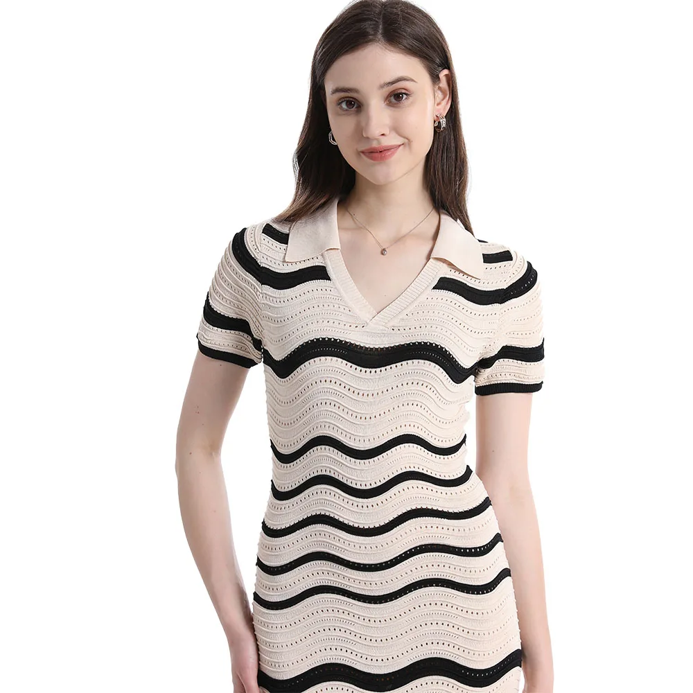 Knit Dress Manufacturer Custom Spring Summer High Low Texture Zigzag Wave Stitch Stripe Sweater Dress