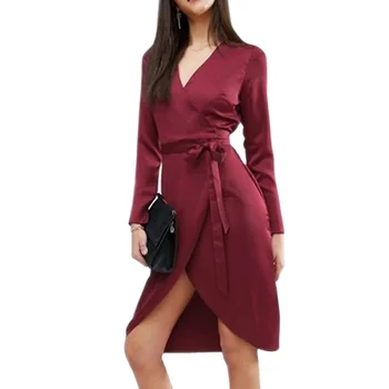 Custom Ladies Long Sleeve Wrap Red Satin Dresses Elegant Dress Shinny Satin Ruffles Asymmetry Dresses Ladies Wear