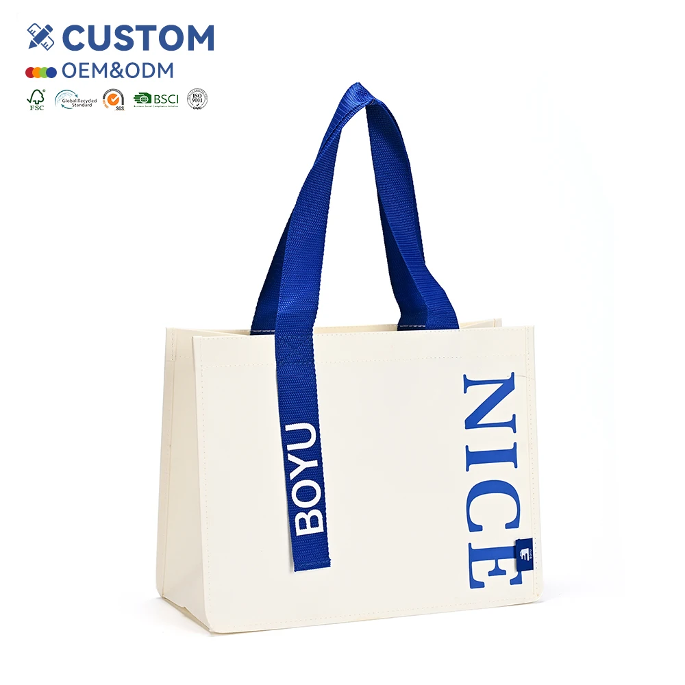 Custom logo Large Big Thick Reinforced Strong Handle Blue Washable Kraft Paper Bags Canvas Gift Tote Shopping Bag