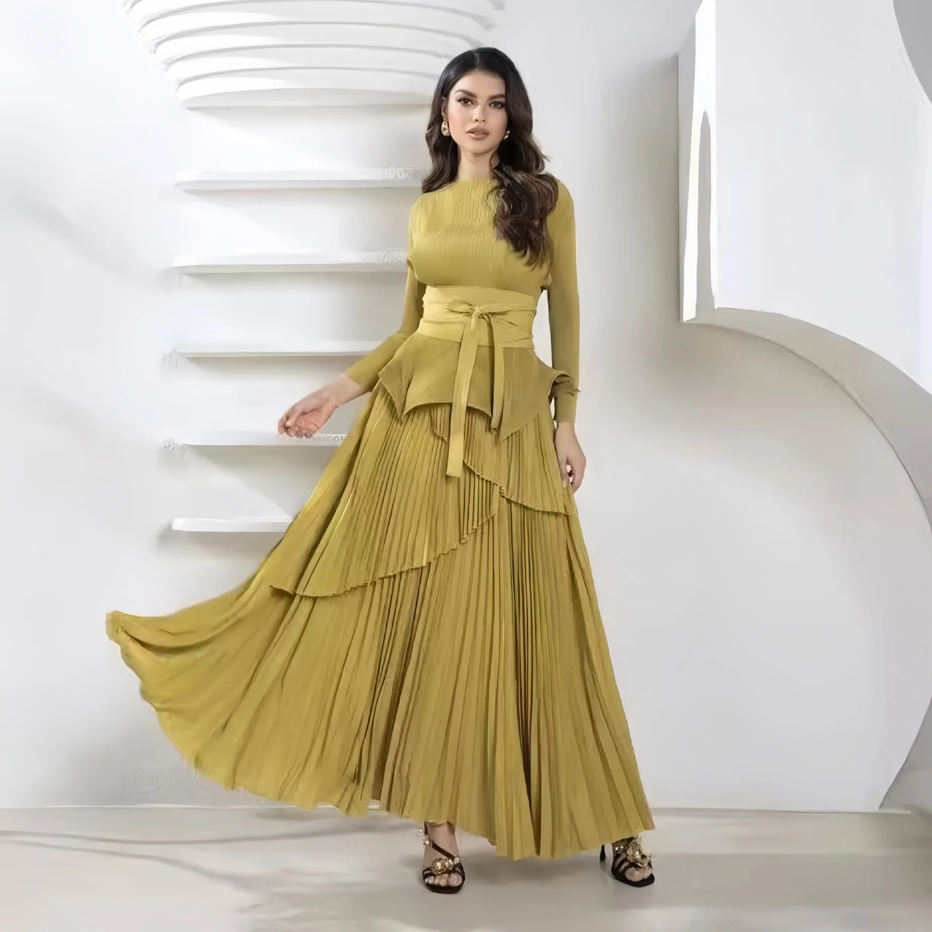 Dress Pleated Gold Lace Skirt Long Swing Skirt Evening Dress