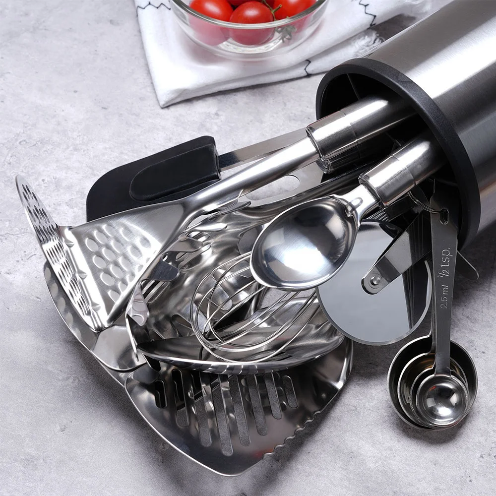 Hot Selling Stainless Steel Kitchen Gadgets Cooking Tools Stainless Steel Cooking Utensils Kitchen Utensils Set with Holder