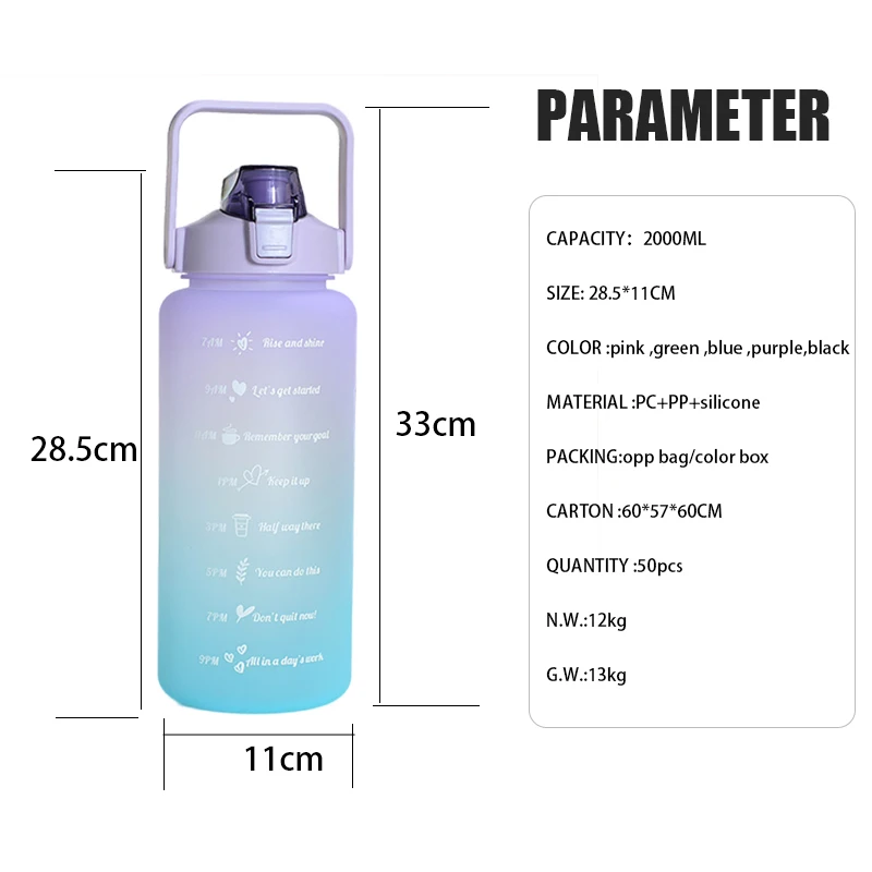 2l/2000ml/64oz Motivational Water Bottle With Straw And Handle Bpa Free ...