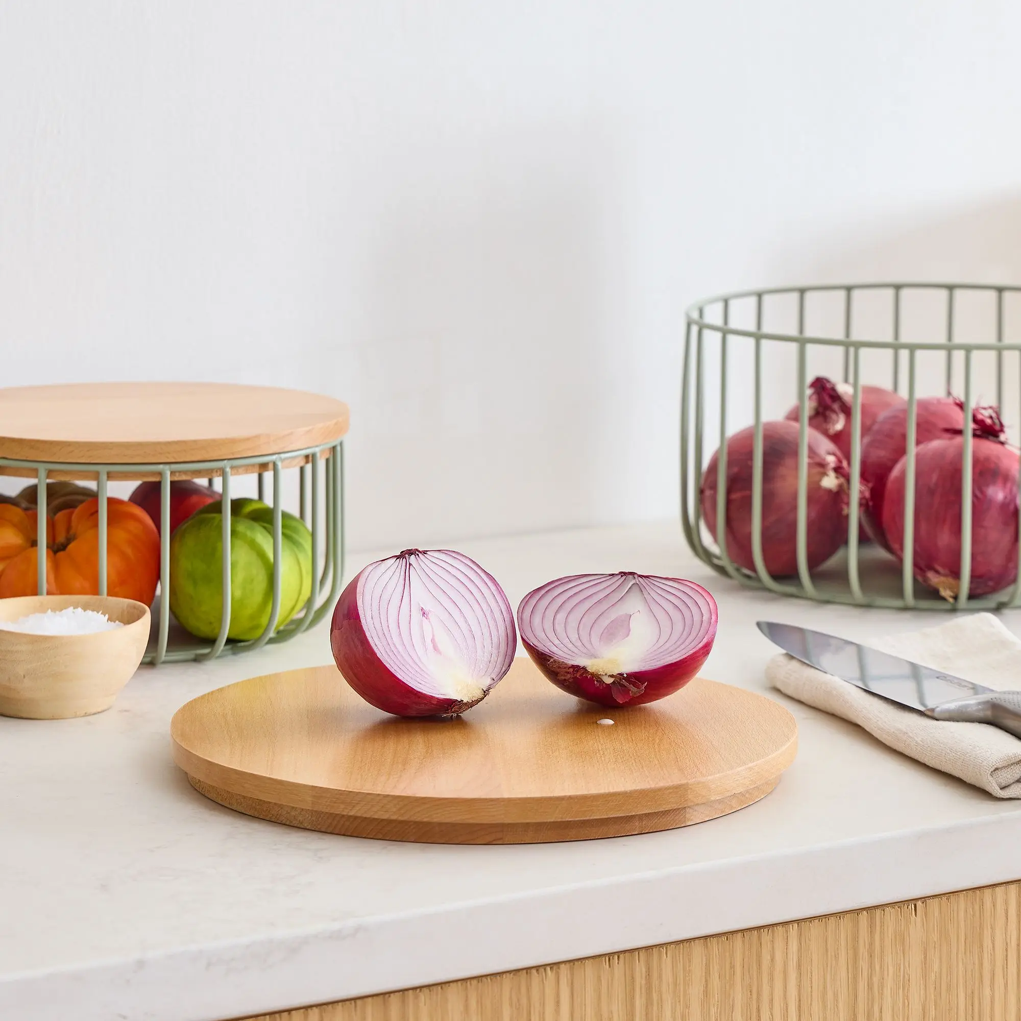 Durable Set of 2 Metal and Wood Storage Basket, Fruit and Onion Tomato Potato Basket