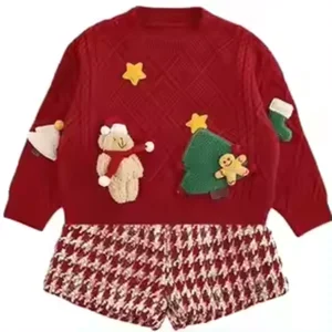 Customizable New Year Fashional Long Sleeve Knitted Girls Sweaters Plaid Pleated Skirts Two Pieces Girls Clothing Sets