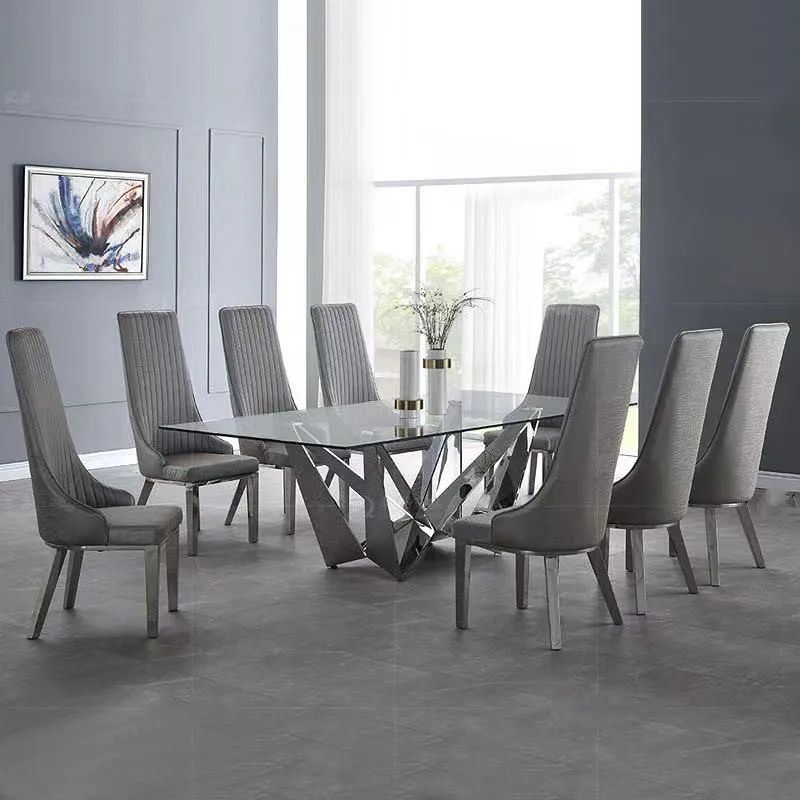 Glass Dining Table 6 Chairs Set For Restaurant With Simple Gold Legs