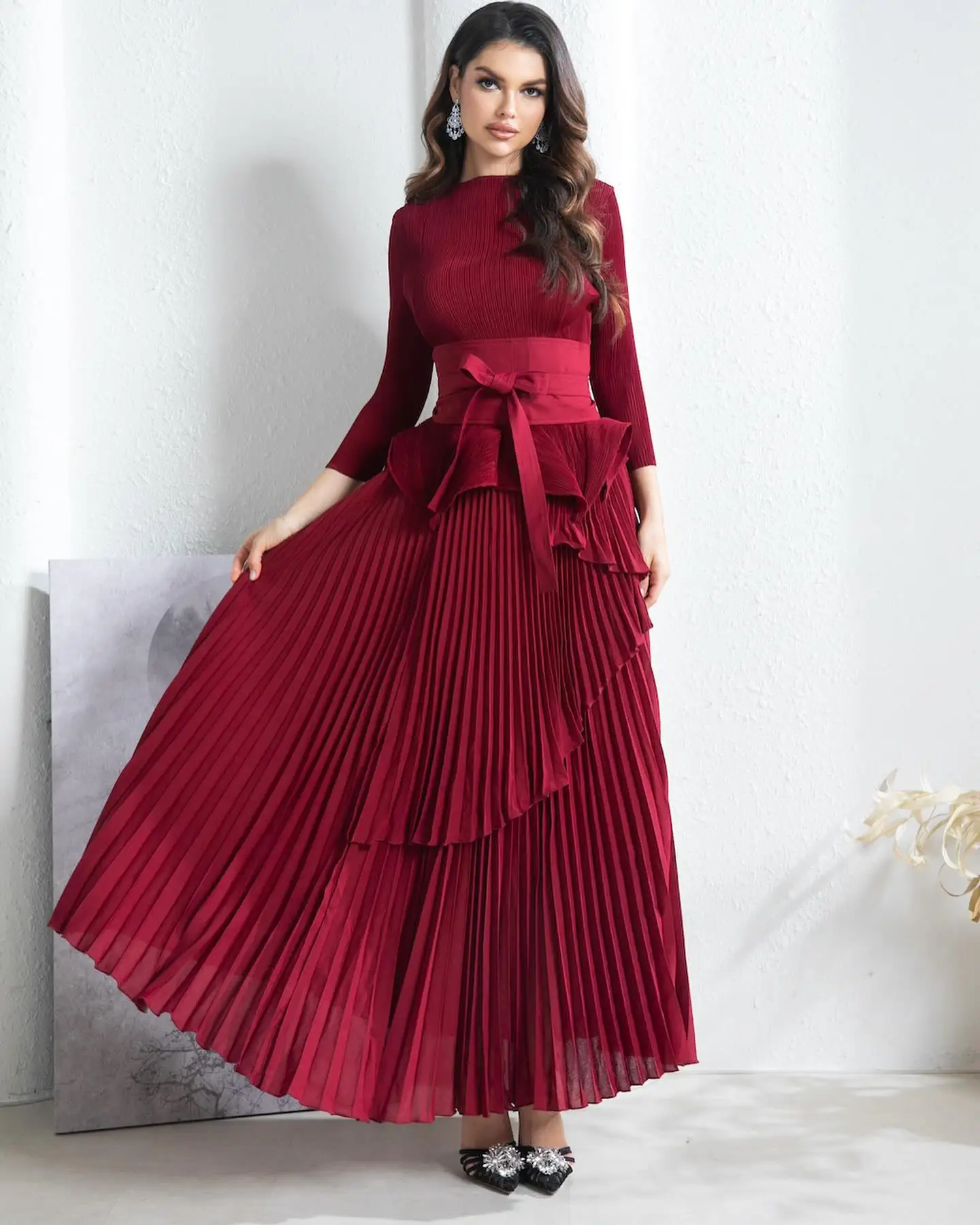 open lace back dress Modest Pleated Chiffon Flare Sleeves Midi Dress