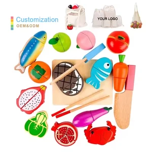 Costom Wooden Play Food Velcro Fruit and Vegetable Cutting Set for Kids Pretend Food Play Kitchen Accessories Toy Gift