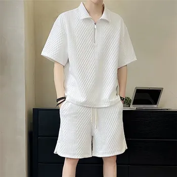 Solid Pattern Men's Shirt Set White Lapel Shirts Drawstring Pants With Pocket 2 Piece Clothing Custom Wholesale T-shirt for Men