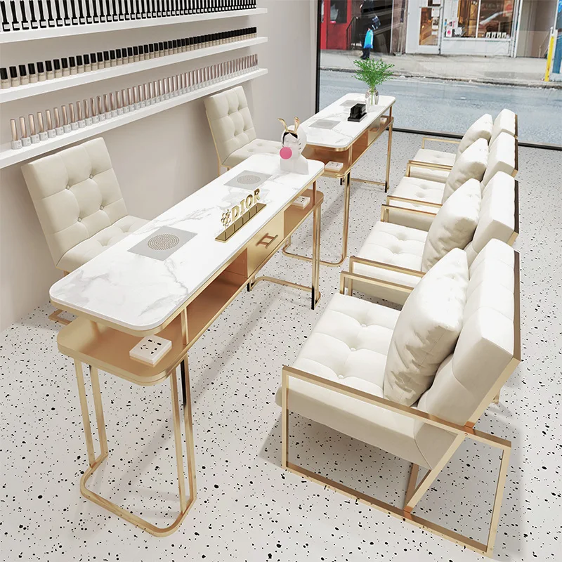 Hot Selling Light Luxury Salon Furniture Nail Salon Rock Board Desktop Nail  Salon Table and Chair Combination