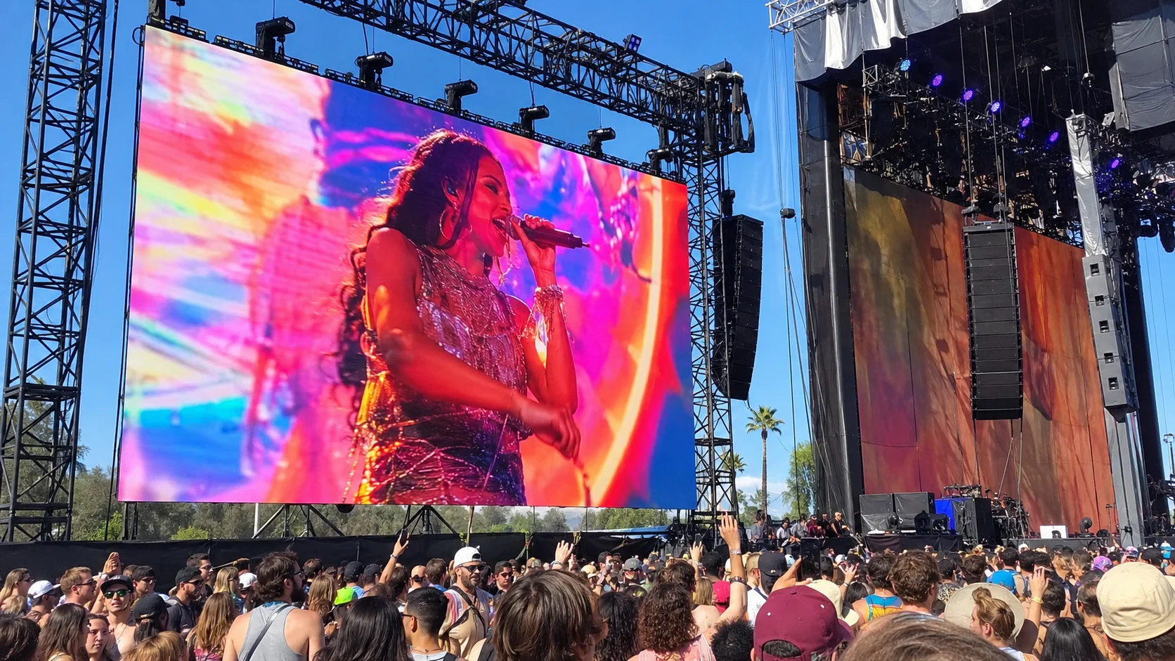 Large outdoor LED video wall displaying bright content at a daytime concert