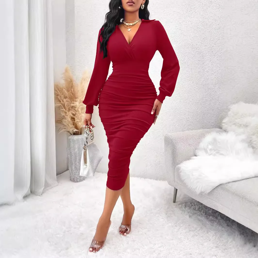 Pencil Dress Vintage Bodycon Dress Shop Our Women's Casual Dress V-Neck  Waist Long Sleeve