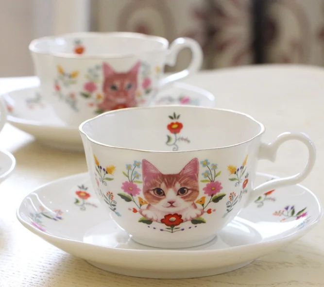 England Style Coffee Mug With Cat Designs Afternoon Tea Cup Set
