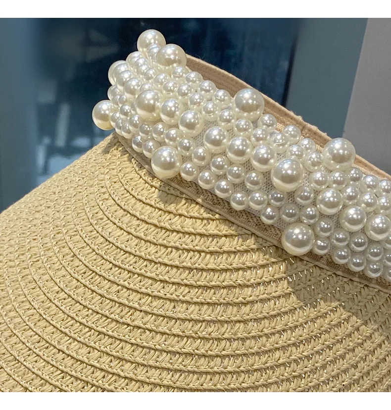 Custom Fashion Pearl Straw Hat Women's Summer Travel Vacation Empty Top Cap Sunscreen Sunshade Sun Visor Hat