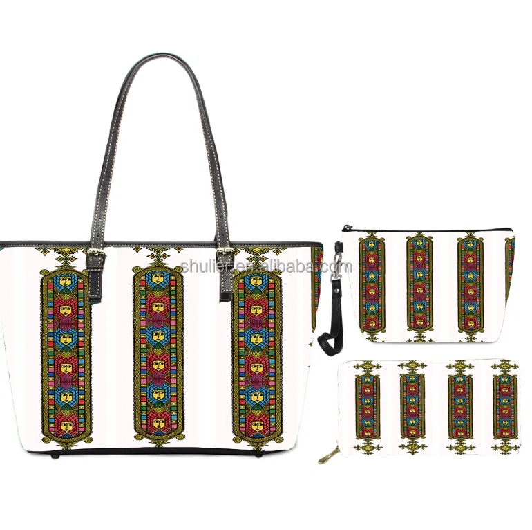 Custom Ethiopian Traditional Saba Telet Hand Woven Basket Design Women Bags Handbag PU Leather Tote Shoulder Ladies Hand Bag Set