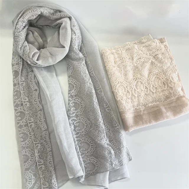 custom high quality cotton linen embroidery scarf cotton shawl for women lace scarf evening wrap