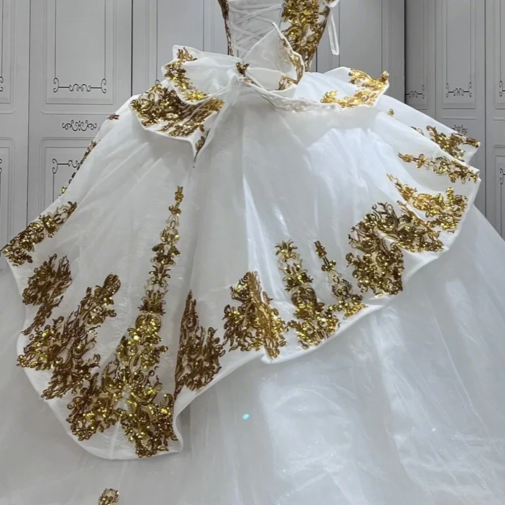 the white and golden dress Jancember LSMU45 Exclusive White Golden Lace Ball Gown Bridal Wedding Evening Dresses