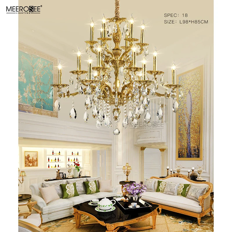 MEEROSEE Copper Gold Chandelier K9 Crystal Brass Light Luxurious Brass Chandelier for Home Hotel Villa MD83092