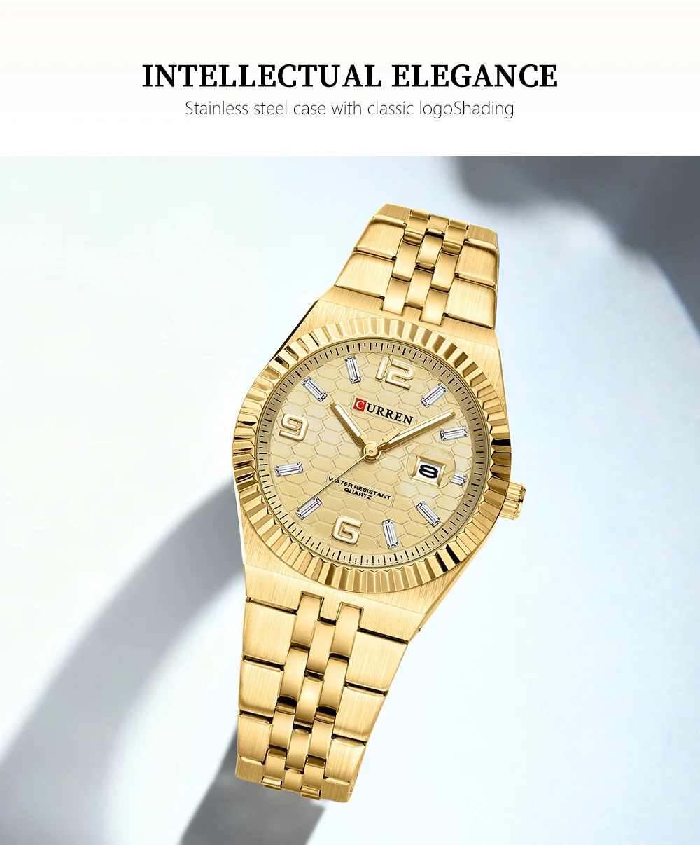 CURREN 8498 Women's Quartz Watches Stainless Steel Band Blue Dial Calendar Date Watch Ladies Water Resistant Luminous Wristwatch