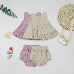Soft 100%Cotton Newborn/Infant Sleeveless Ruffle Hem Button Front & Bloomer Shorts Set for Summer Daily