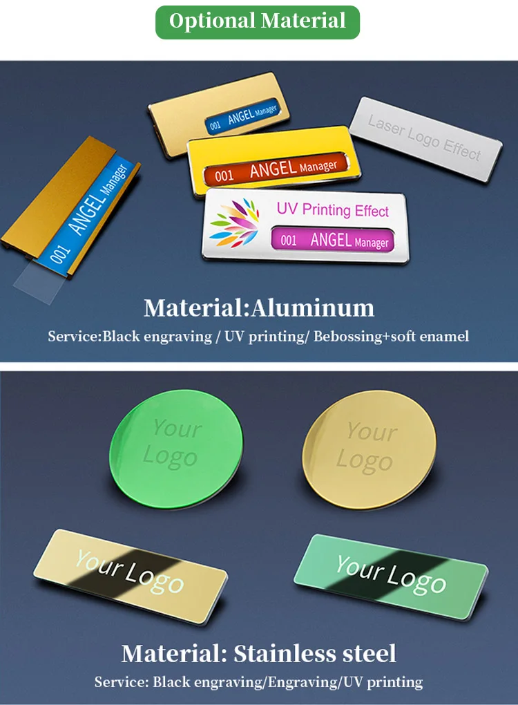 Hot sale blank name tag badge custom gold metal aluminum sublimation staff magnetic name badge with pin for school uniform