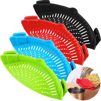 New design fits all pots and bowls kitchen snap n strain strainer silicone clip on food strainer