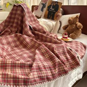 100% Cotton 2-Layers Breathable Gauze Vintage Plaid Bedspread Comforter Quilted Blanket Bed Coverlets