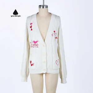 Women White Knitted Cardigan Heart Embroidery Cable Knit Design Button Front Soft Cotton Fleece Casual Sweater
