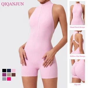 Custom One Piece Workout Bodysuit Backless Sportwear Rompers Breathable Zippered Gym Fitness Jumpsuit Women's Yoga Jumpsuit
