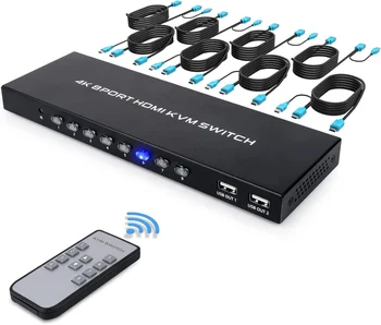 SYONG 8 Port KVM Switch HDMI 4K 30Hz , SYONG Rack Video HDMI KVM Switcher Console 8 in 1 out + 8-Pack Cables